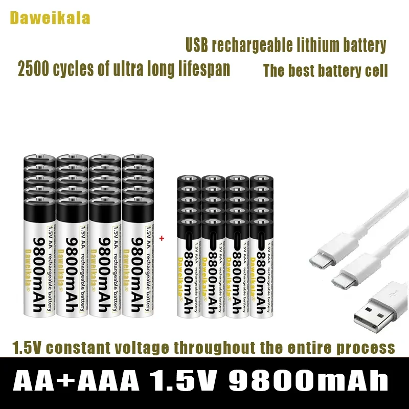 1,5 V AA + AAA USB Nabíjateľná batéria AA 9800MAH/AAA 8800MAH LI-ION BATKÉRIE PRE HORSKÉHO HODNOTENIA MP3 Player TETERMOMER + kábel + kábel