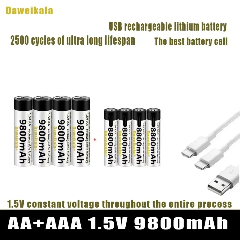 1,5 V AA + AAA USB Nabíjateľná batéria AA 9800MAH/AAA 8800MAH LI-ION BATKÉRIE PRE HORSKÉHO HODNOTENIA MP3 Player TETERMOMER + kábel + kábel