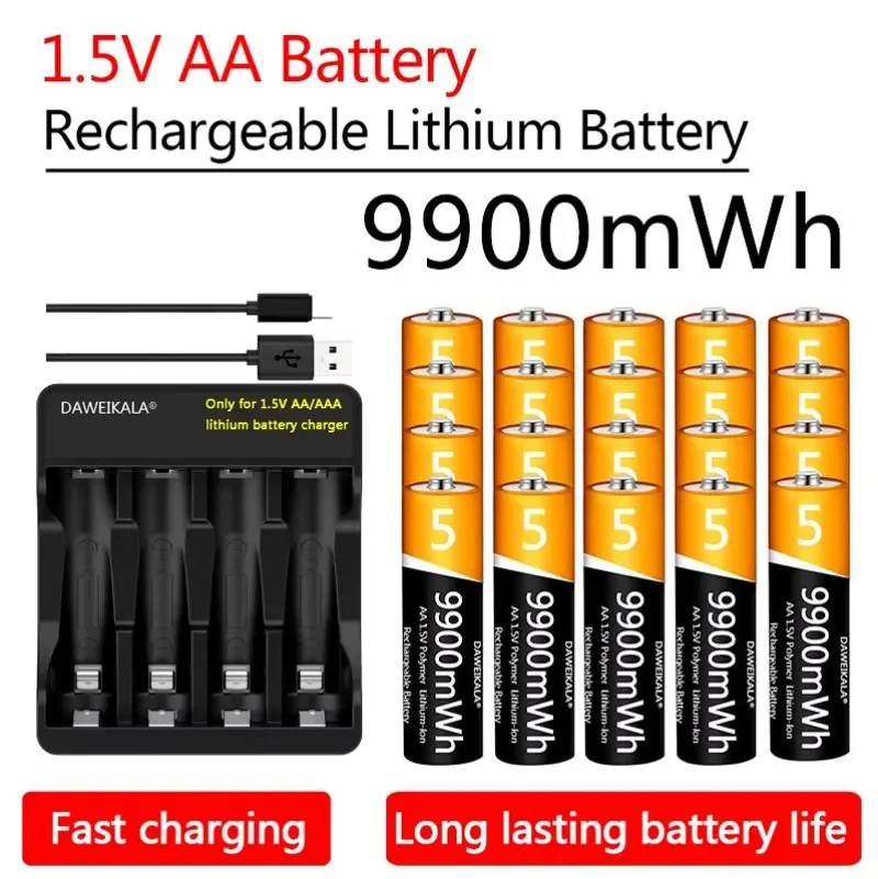 1,5 V AA batéria 9900MWH Nabíjateľná lítium-iónová batéria AA batéria pre elektrickú hračku myši s diaľkovým ovládaním s nabíjačkou USB s nabíjačkou USB