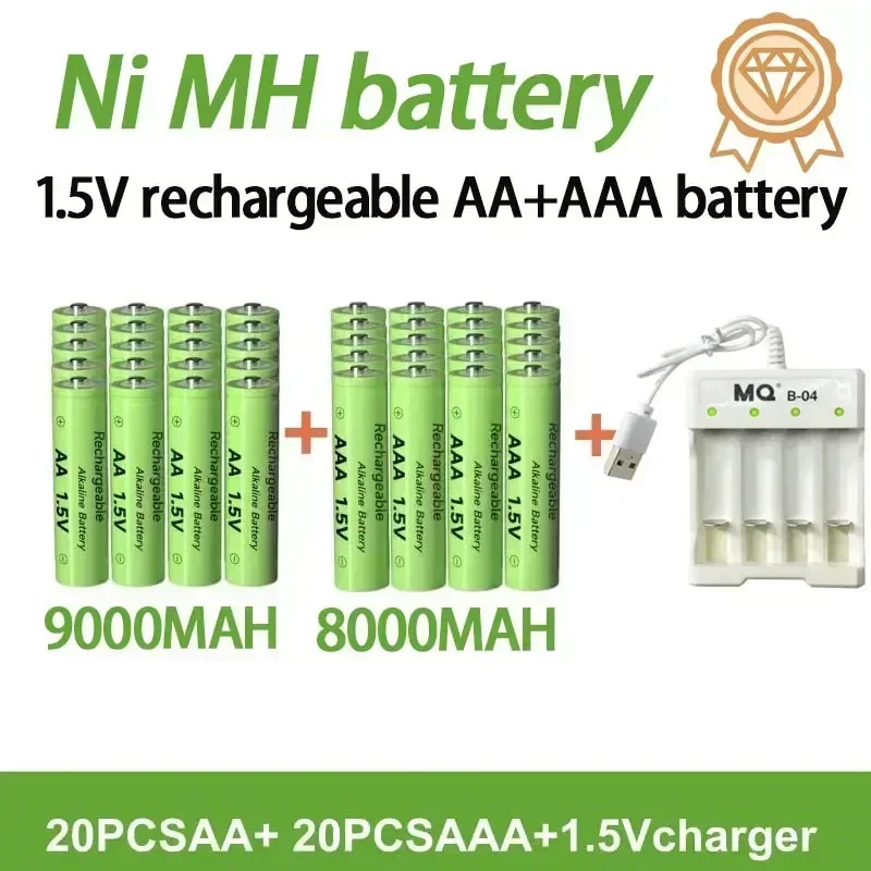 1,5 V AA9000MAH+AA8000MAH Nabíjateľná batéria 1.5VAA+1,5VAAA Nabíjateľná NIMH s nabíjačkou