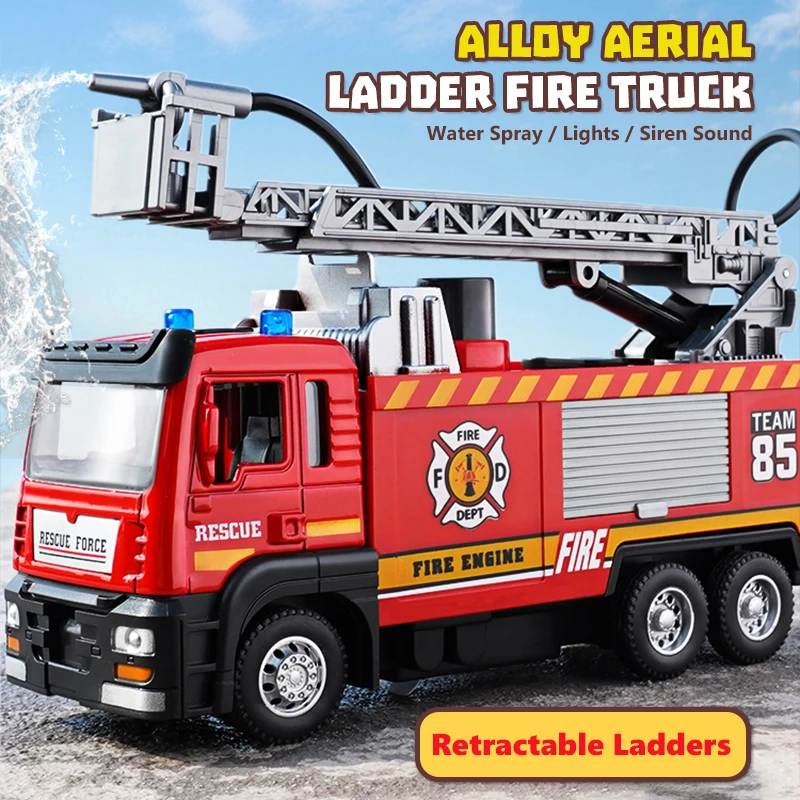 1/50 RC Sprinkler Fire Truck Diecast Zliatina Hračka s ľahkou hudbou simulačný sprej rebríčka Rescue Car Kids