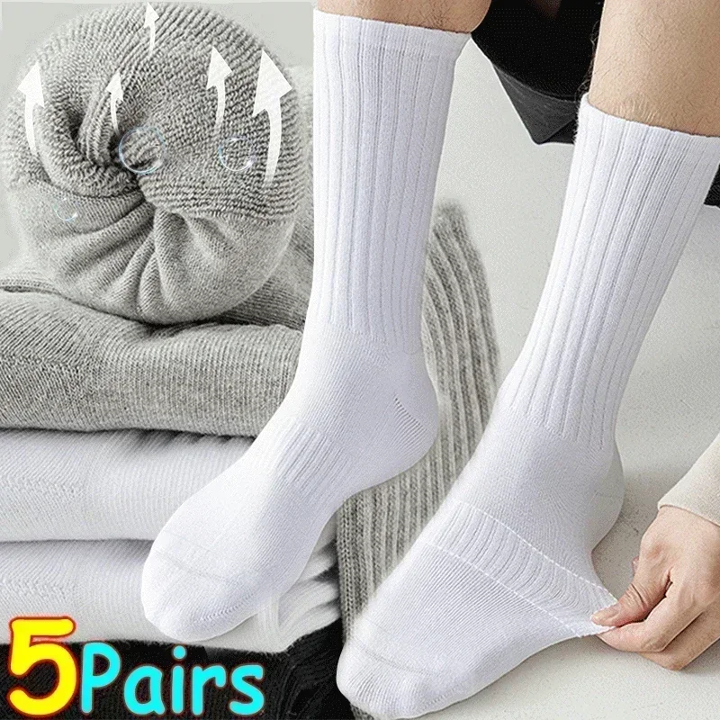 1/5pairs Vysoko kvalitné čierne biele čisto farebné bavlnené unisexové ponožky Office Sport Business Antibakteriálne dezodorantné muži dlhé ponožky