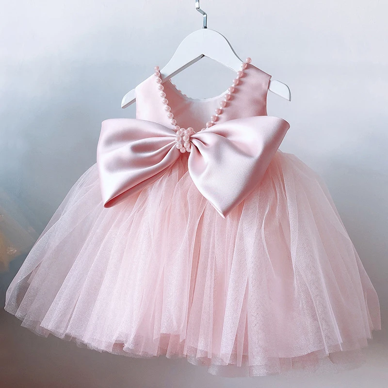 1-5Y Dievčatá Dievčatá Party Šaty pre backless luk narodeniny biele svadobné kvetinové šaty korálky batoľa deti Krsty Princezné šaty