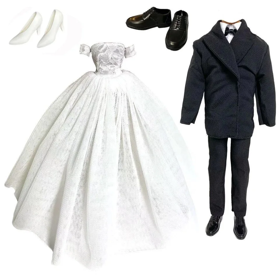 1/6 BJD Doll Svadobná večera šaty princezná so závojom + 1x čierny ženích oblečenie pre 30 cm bábiky pre doplnky Ken Doll