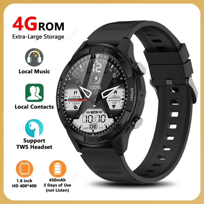 1,6-palcový HD 4G ROM Storage Smartwatch Bluetooth Call Call Outdoor Sports Fitness Monitor počasie Inteligentné hodinky Podpora Tws