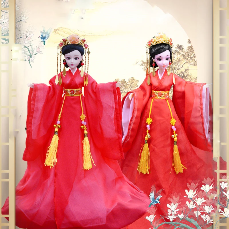 1/6 stupnice 30 cm Staroveký kostým Hanfu červené šaty kráľovná dlhé vlasy rozprávka Barbi Doll Coins Body Model Toy Gift pre dievča C1250B