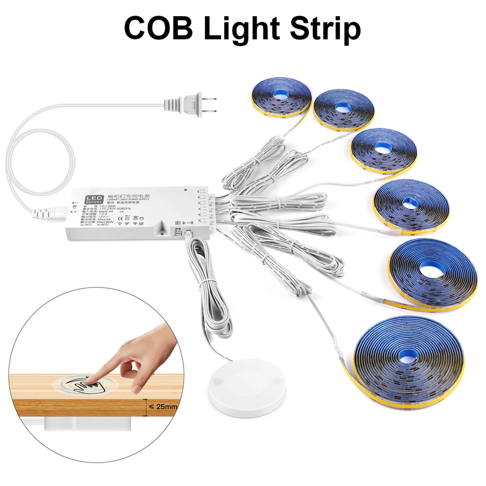 1-6 súpravy 220V 110V COB LED pásik Paralelné svetlá stmievateľný dotykový senzor LED stmievacia prepínač LED páska pre skrinku skrinky skrinky skrinky