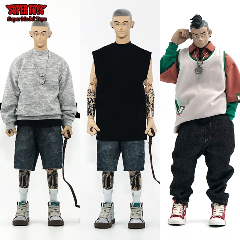 1/6 Trendy Hip Hop Hop Loose Jeans Street Vesta Round Neck Hoodie Pullover Y2K Jean Tousers Shorts Oblečenie pre 12 