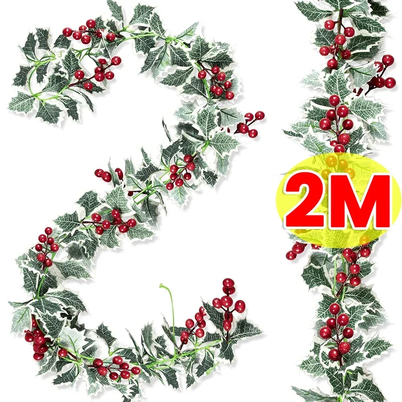 1/6ks vianočné umelé holly listy viniča červená bobule bobule girlandy vianočné stromy ratten