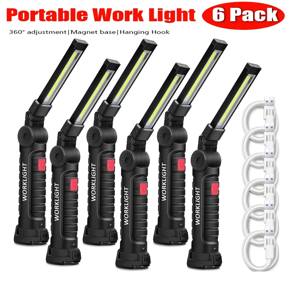1-6pc Work Light Magnetic Base Hook Nabíjateľné 360 ° Rotujúca prenosná ručná baterka na prácu v prevádzke vonkajšieho kempingu