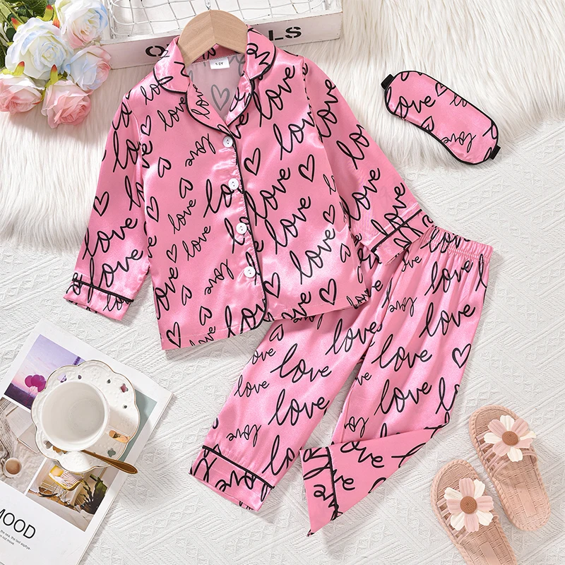 1-6y dievčatká 3 kus pyžamy súpravy srdcového písmena tlač s dlhým rukávom klopne klopné gombíky Topky+elastický pás s dlhými nohavicami+očné kryty
