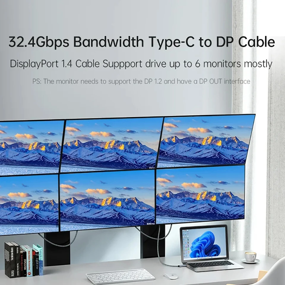 1,8 m USB C na DP kábel Thunderbolt 4/3 kompatibilný 8k@60 Hz 4K@144Hz USB C Muž na displeji mužského kábla pre notebook MacBook