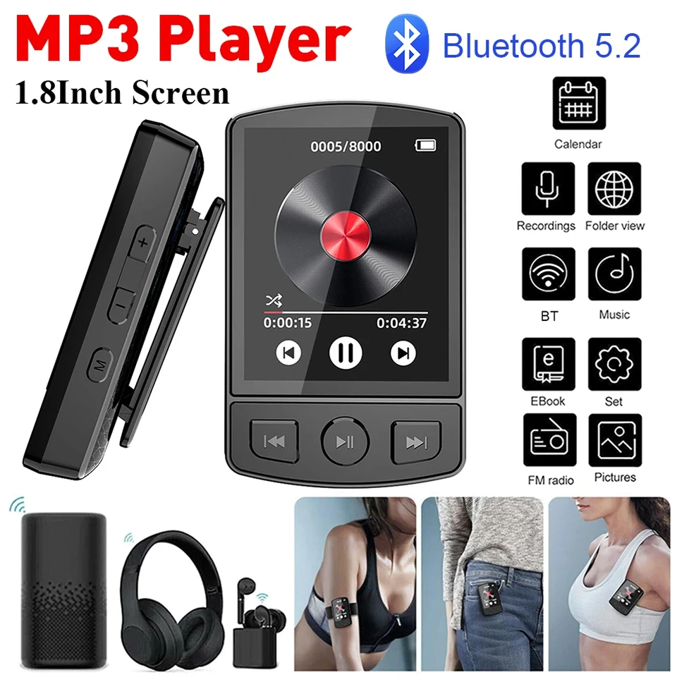 1,8 -palcový mp3 prehrávač Bluetooth 5.2 Clip Mini Walkman Prenosný hudobný prehrávač Hifi MP3 s reproduktorom FM Rádio nahrávanie ebook