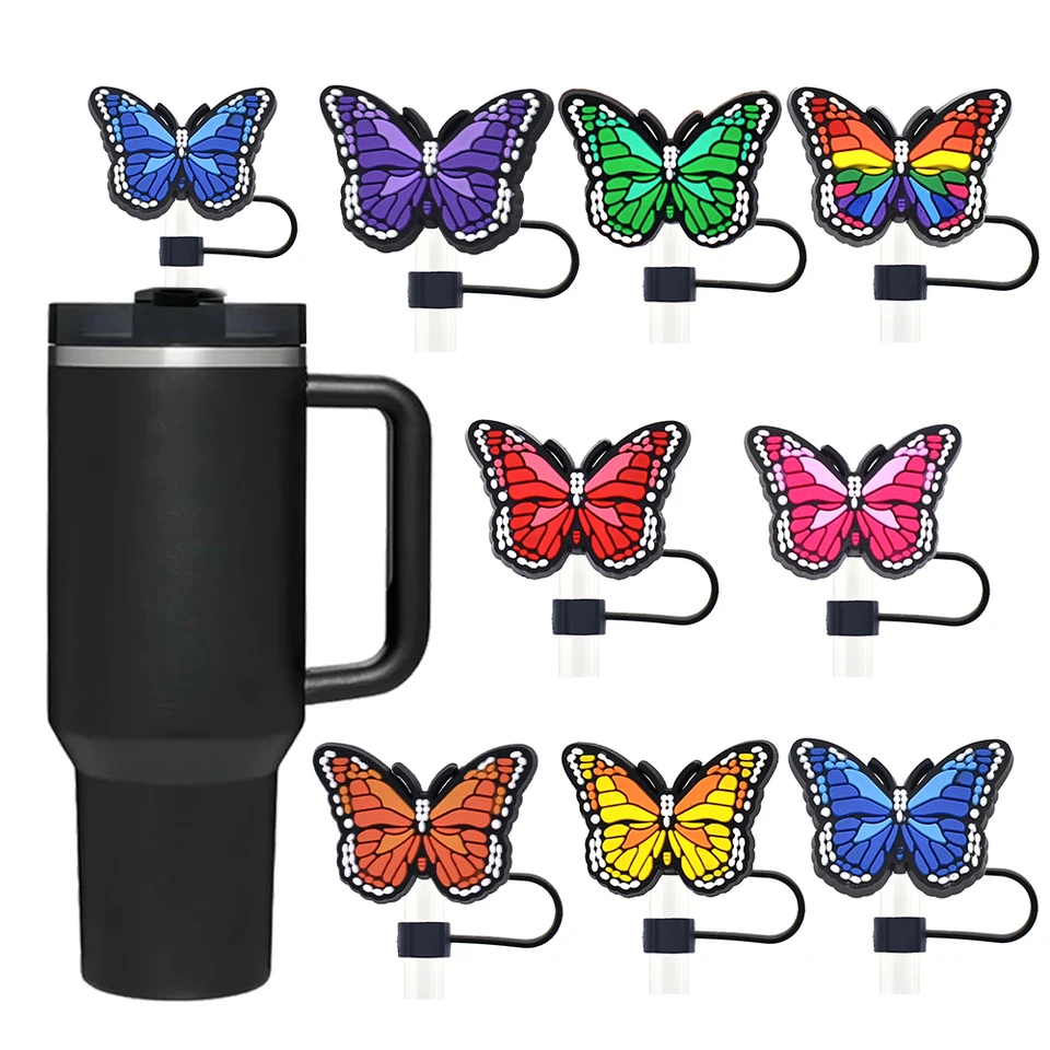 1-8ks Cartoon Butterfly Slaw Cover uzáver 10 mm nápoj Slaw Plug opakovane použiteľný Splash Proof Pit Fit Fit Fit Cup Slaw Cap Charms Pendant