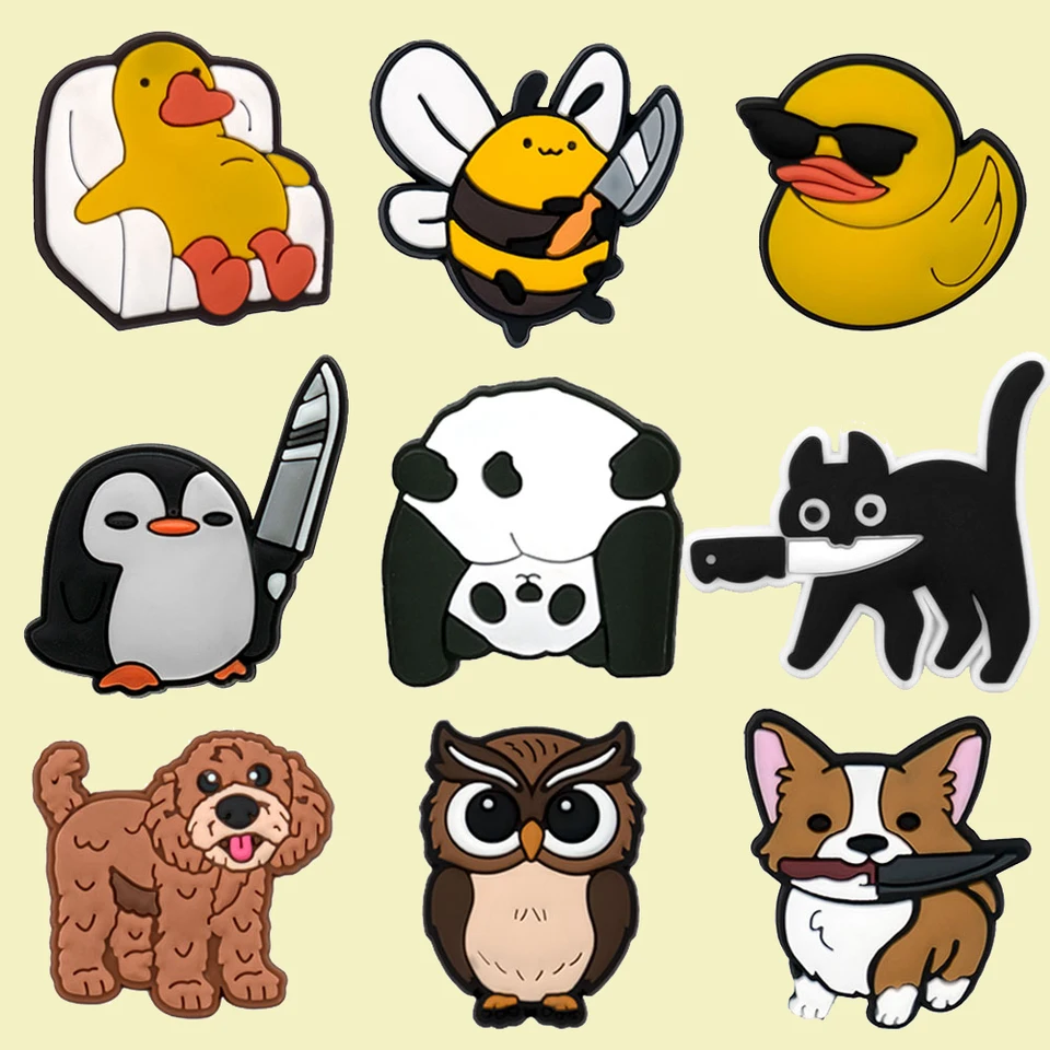 1/9ks roztomilé kúzla zvierat topánky Duck Dog Cat Panda Shoe Accessories Bee Penguin Owl Garden Sandals Disans Darček pre ženy deti