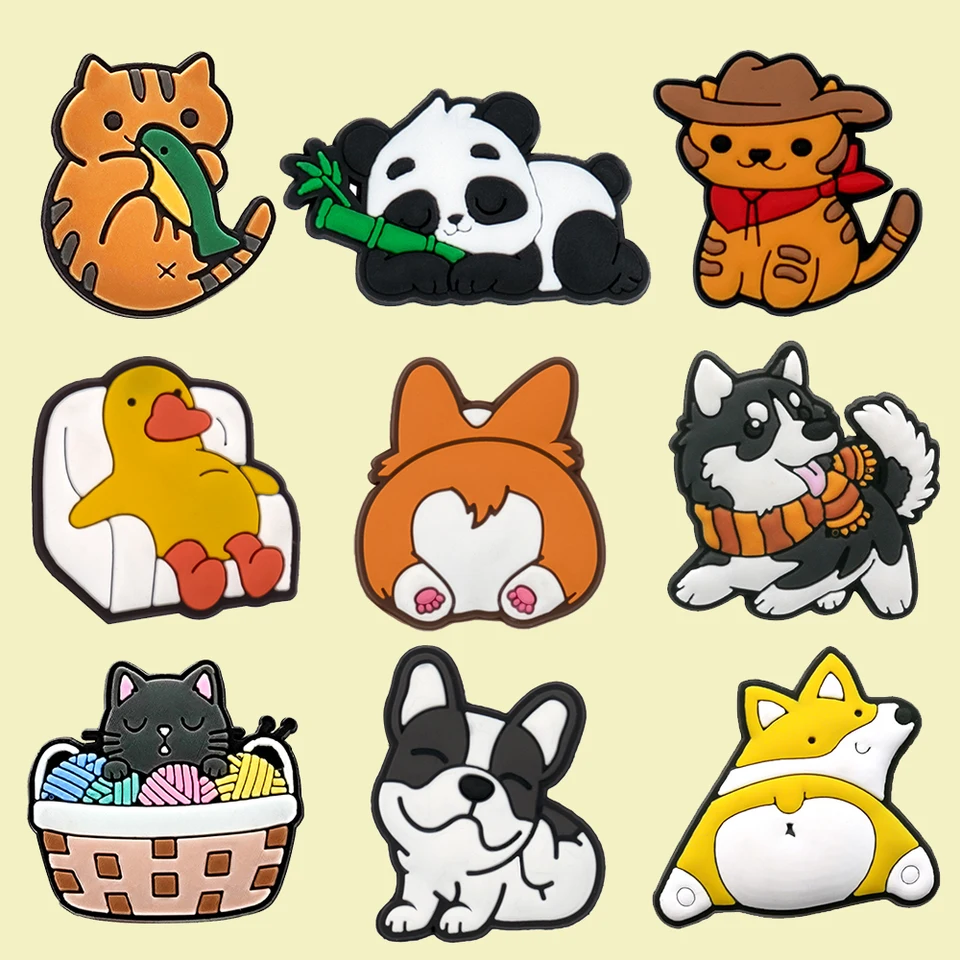 1/9ks roztomilé zvieratá PVC topánky pre ženy pre ženy Panda Dog Cat Duck topánky doplnky Fish Bamboo Cowboy Hat Sofa Shap Pin Clog Jean