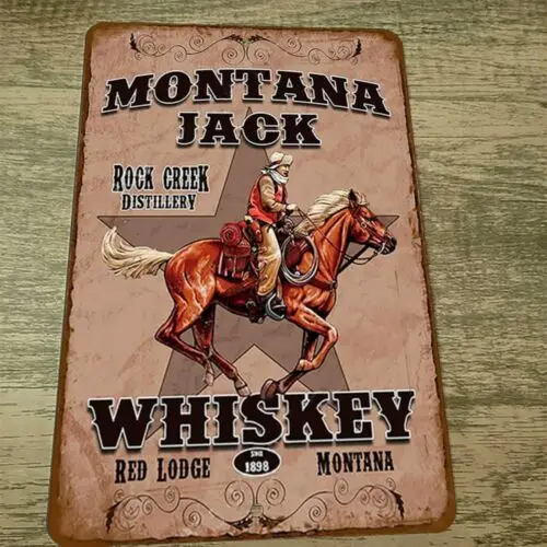 1 ks, whisky Montana Jack Ad 1898 Rock Creek Distillery Red Lodge 8x12 kovová značka