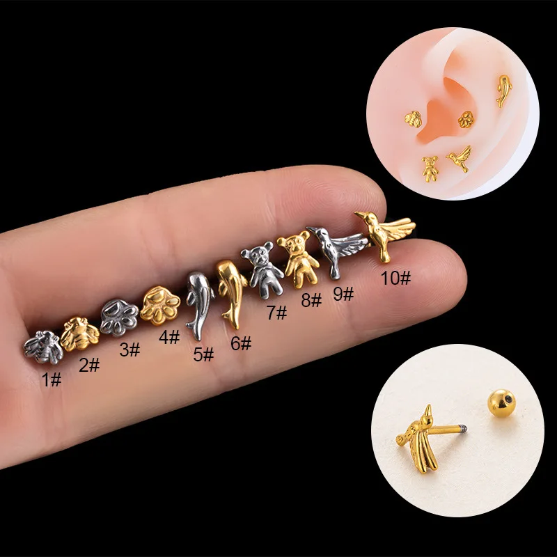 1 kus 20g z nehrdzavejúcej ocele Zvieracie náušnice pre ženy roztomilé včelí vták Dolfíny Bear Chrupge Chrupge náušnice Helix Piercing Jewelry