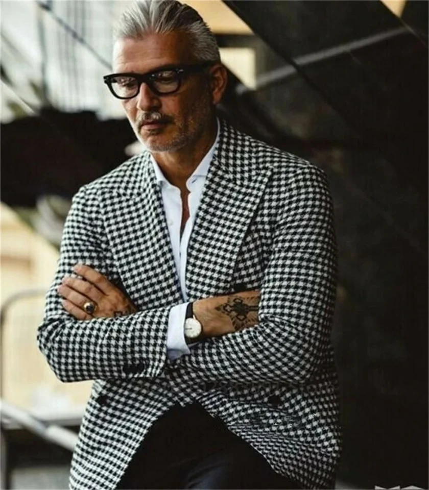 1 kus módy Houndstooth Double Breasted Formal Business Blazer Svadobný ženích smoking novú jesennú bundu iba kostým homme
