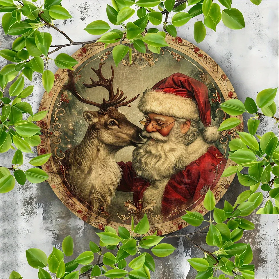 1 kusy, krajina Santa Claus a soby Drevené značky môžu byť zavesené priamo s lanami, 8x 8 palcov, retro vianočné nástenné umenie