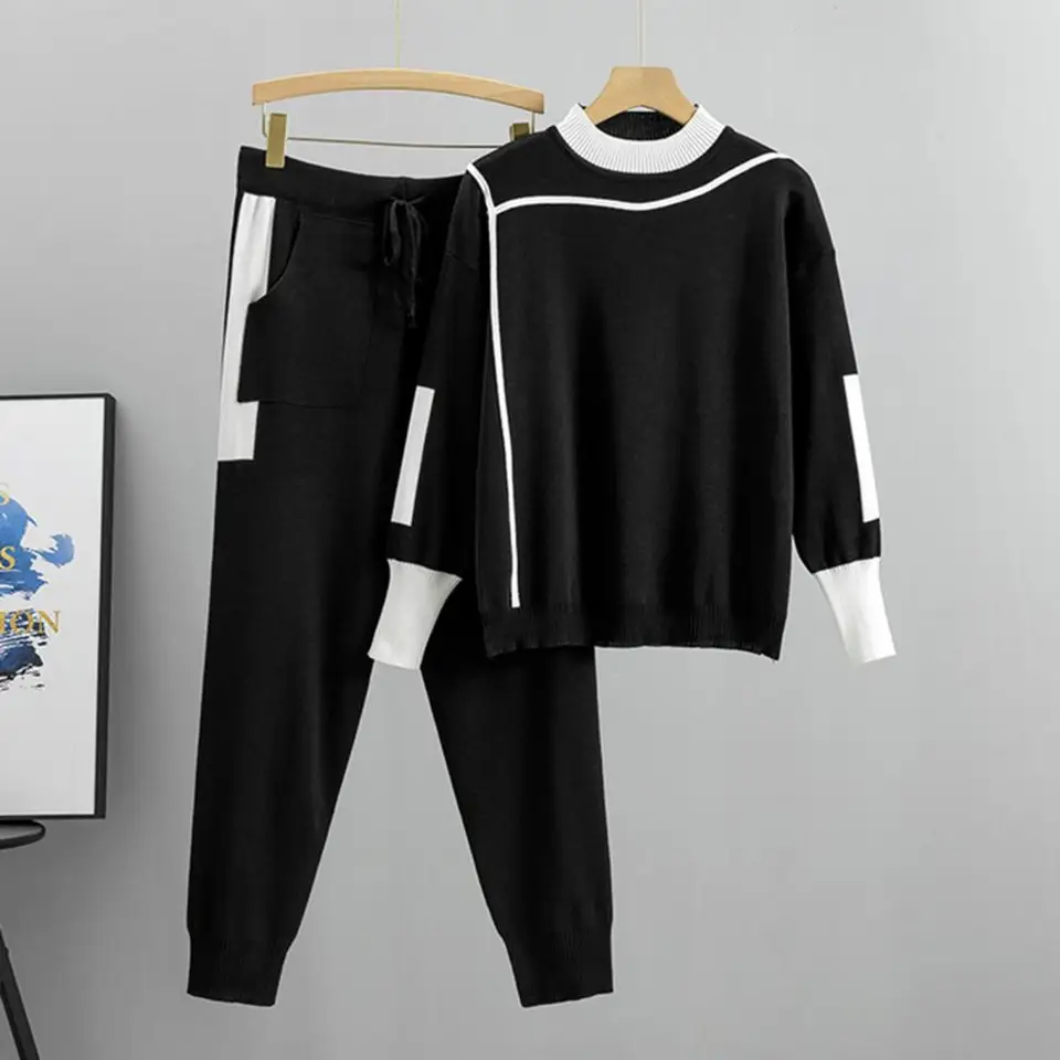 1 nastavená jar jesenná 2 -kusová dámska dámska nohavice Pullover Tracksuits módne pletené vreckové nohavičky Dámsky sveter oblek