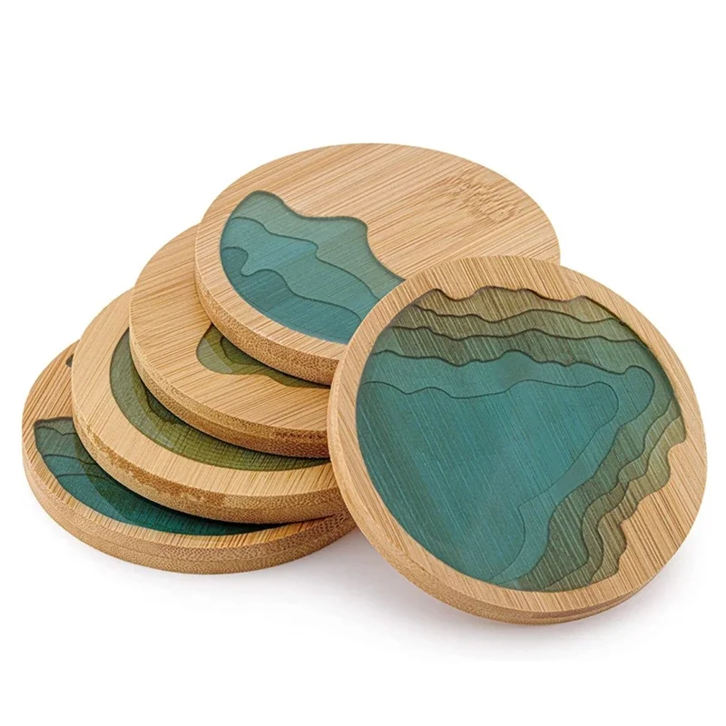 1 PCS Pack Drevené cenovky okrúhle oceánske vlny Epoxidová živica a bambusová dráha nápoj mat
