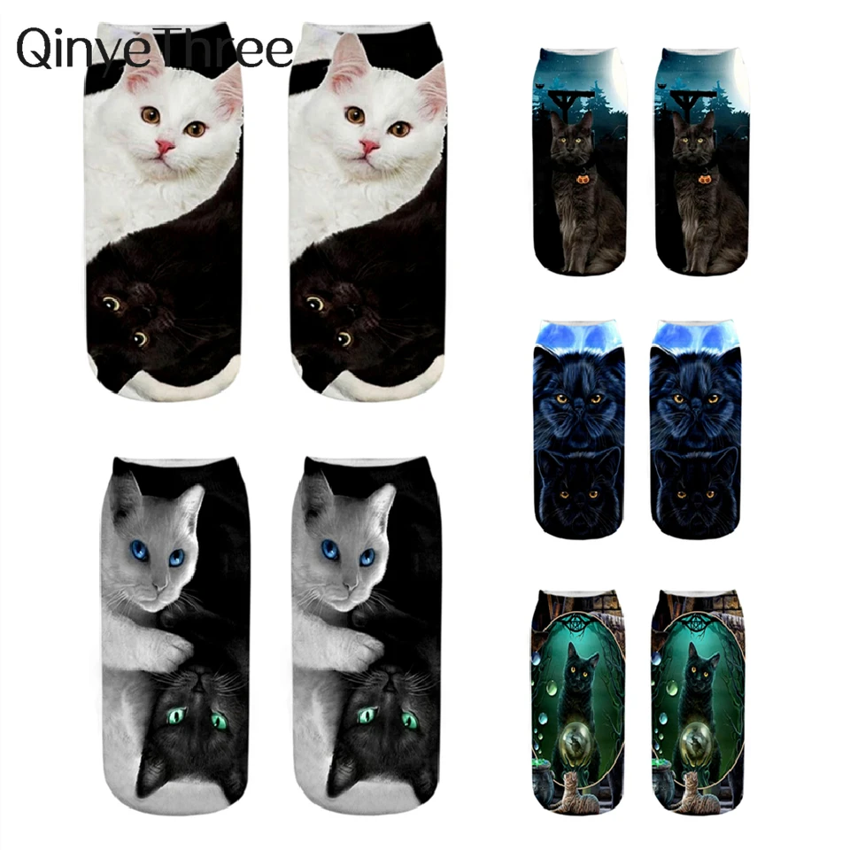 1 pár nových 3D tlače cool móda vtipné dve mačky ponožky Ženy Krátky Sox Art Novinka darček Gothic Night Halloween Men Dropship