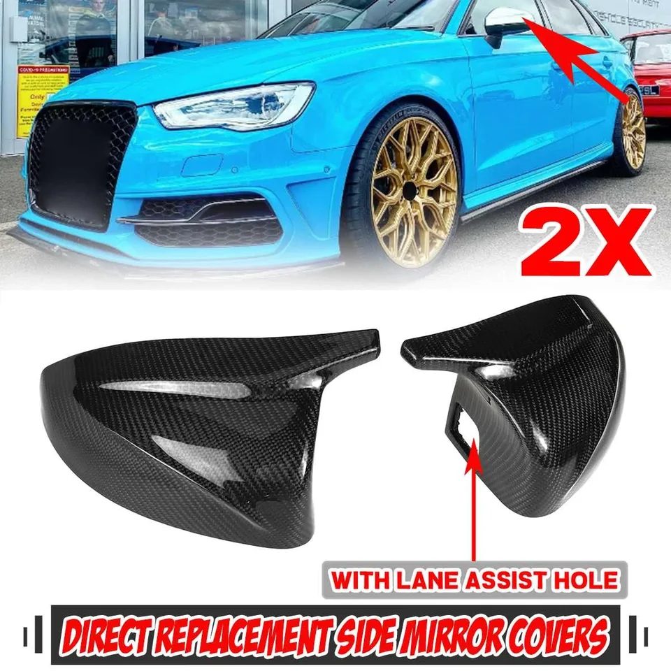 1 pár z uhlíkových vlákien Vzhľad zadného pohľadu Zrkadlo kryty strihového zrkadla pre Audi A3 8V S3 RS3 2014-2020 s pruhovým asistenčným otvorom