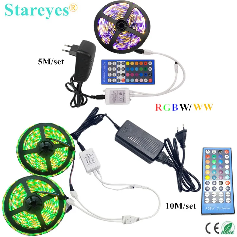 1 set 5m 10M SMD 5050 RGBW RGBWW IP20 IP65 nepremokavá LED stuha LED RESK RGB W LED pásma LIGHT +40 Klávesový diaľkový ovládač +3A/6A adaptér