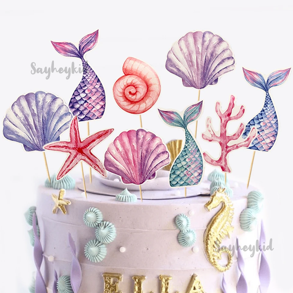 1 Set Mermaid Cake Toppers Fialová ružová morská panna chvost morský škrupina korál košíčky Toppers DIY Girls Morská panna