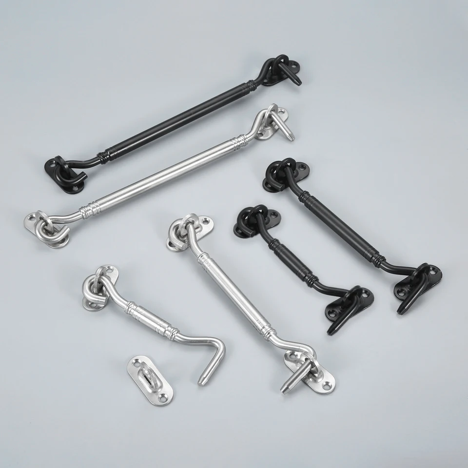 1 Set z nehrdzavejúcej oceľovej kabíny Hook Eye Eye Latch Dvere Dverné okno na nechty na nechty okenné okno Wind Watch Hock Hardware 4/6/8 palca strieborné/čierne