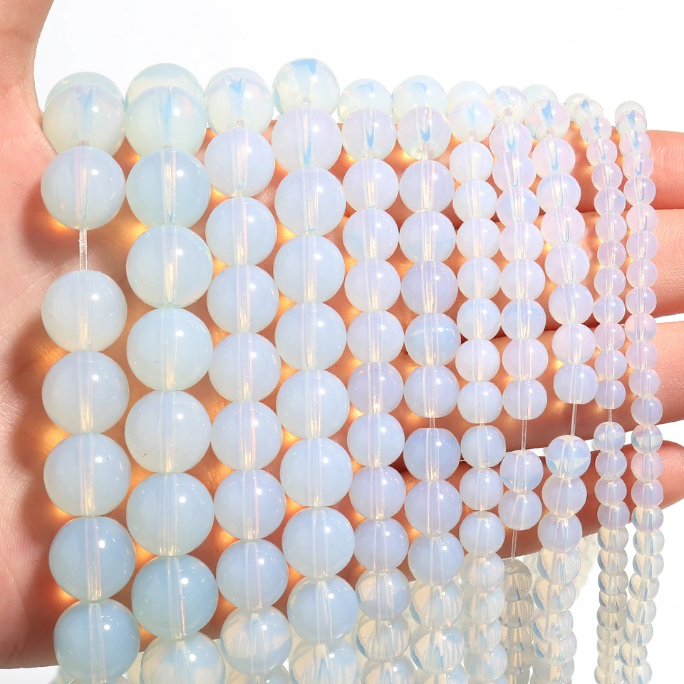 1 Stran Prírodná biela opálová kamenná korálky 4-12 mm Loose Gemstone Gead For pre šperky výroby náramkov DIY Náramky Náramky Náramky Náramky Kúzla