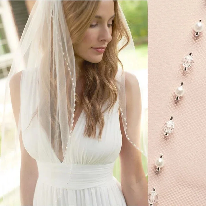1 Svadobná svadobná závoj krátke guľôčky Crystal Pearls Edge Veil White Slonovina Elegantný svadobný závoj s Comp Cathedral Custom Accessories