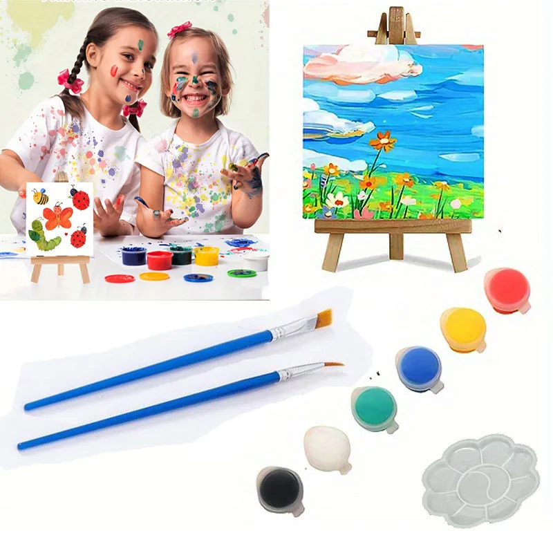 1 súprava maliarskej súpravy, 1 kreslená doska, 1 stojan, 2 perá, 6 farieb farby, 1 paleta, mini rysovacia doska, akrylová farba