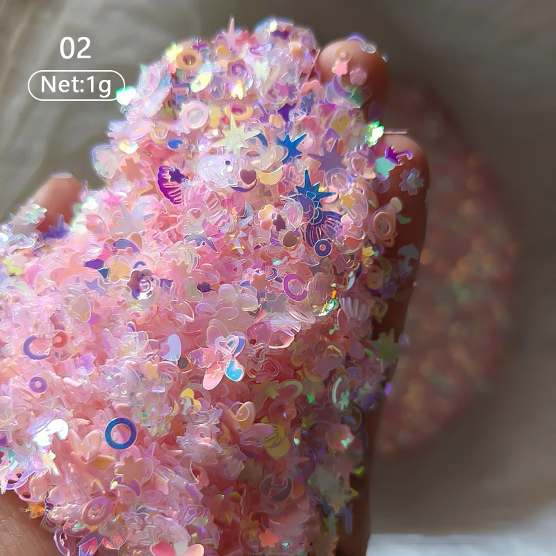 1 taška farebné žiarivé flitre zmiešané v tvare Moon Moon Heart 3D Charms Kawaii Nail Pearl Smbinestones DIY manikúra