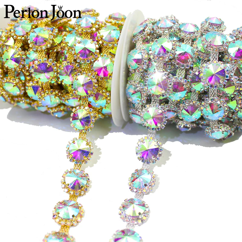 1 yard okrúhla veža Ab sklenená zlatá strieborná kamienok s dĺžkou AB Crystal Chain DIY topánky vrecko na dekorácie doplnky ML160