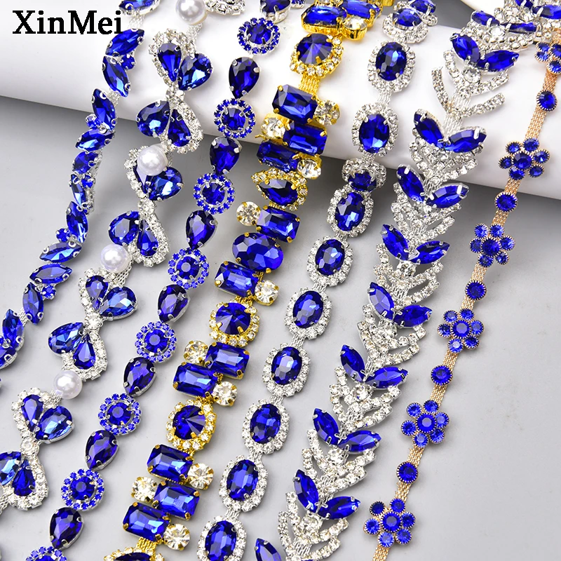 1 yard Royal Blue Glitter Glitter Smienok Strieborná zlatá základňa krištáľový kvetový kovový šálka šiť na svadobné oblečenie doplnky