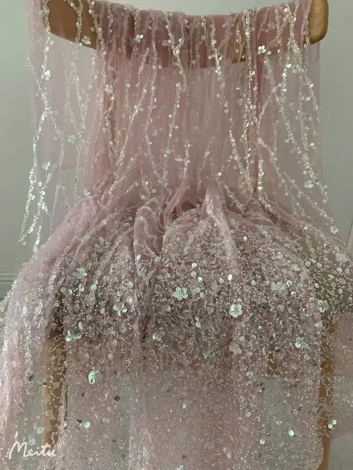 1 yard ružové flitrované kvetinové vetvy typu Tulle Lace Lace Lace Gázový pre svadobný závoj, svadobné šaty s módou večierok