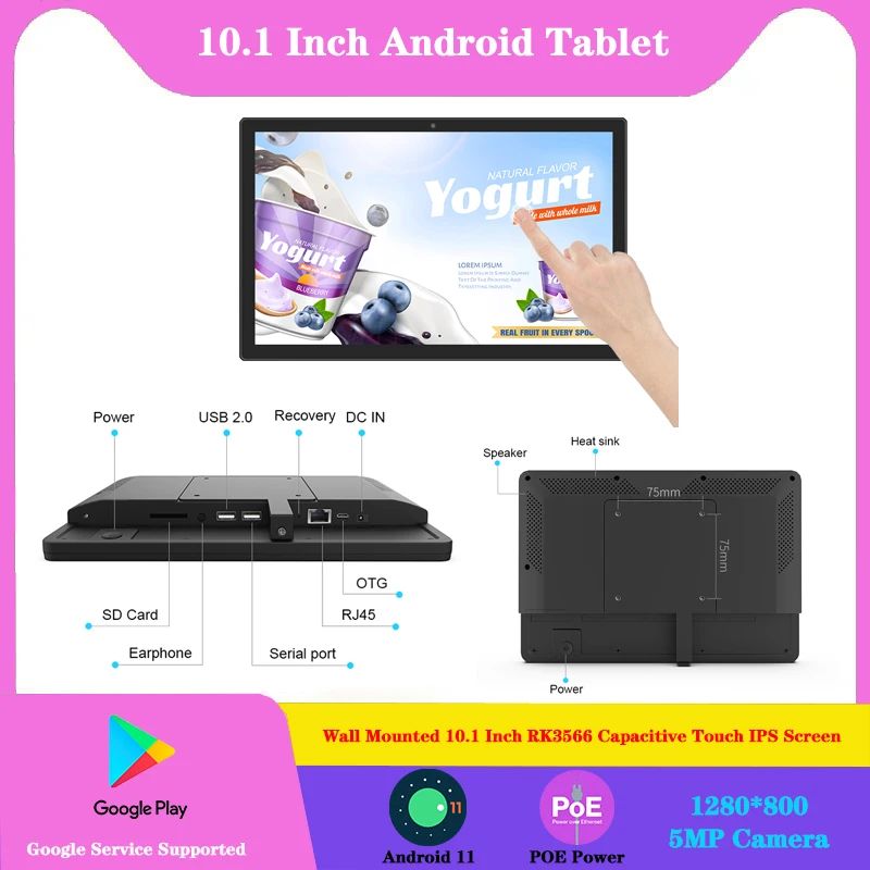 10,1 palca Tablet Touch Screen Monitor RK3566 4-Core Android 11 All-in-One PC PoE+WiFi RJ45 5MP fotoaparát
