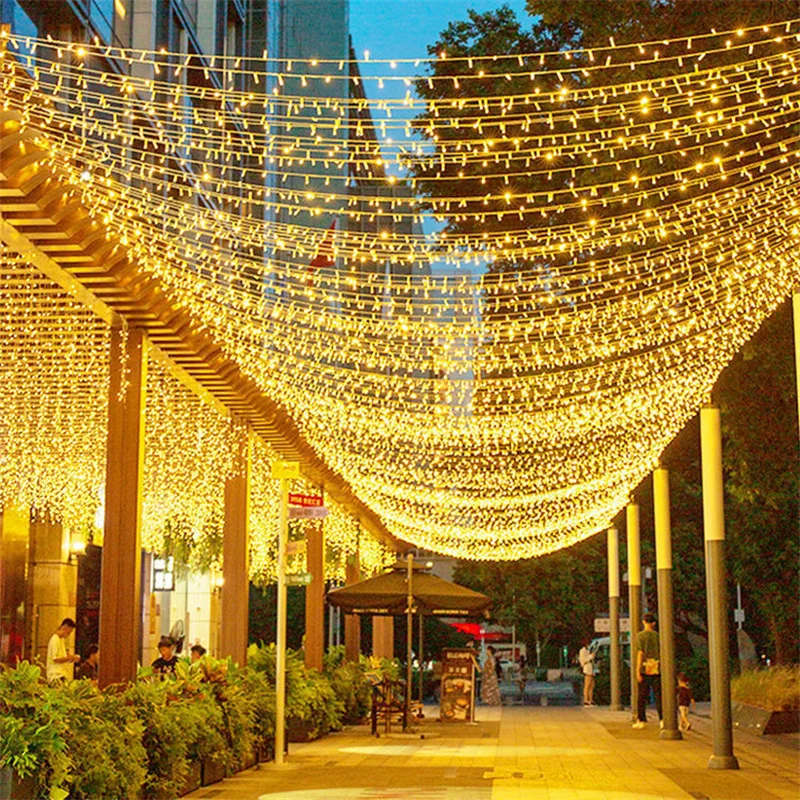 10-100 m Svadobné LED rozprávkové svetlá IP44 Vodotesné vodopád Street Garland Lamp Decorácie pre vnútorné a vonkajšie večierky