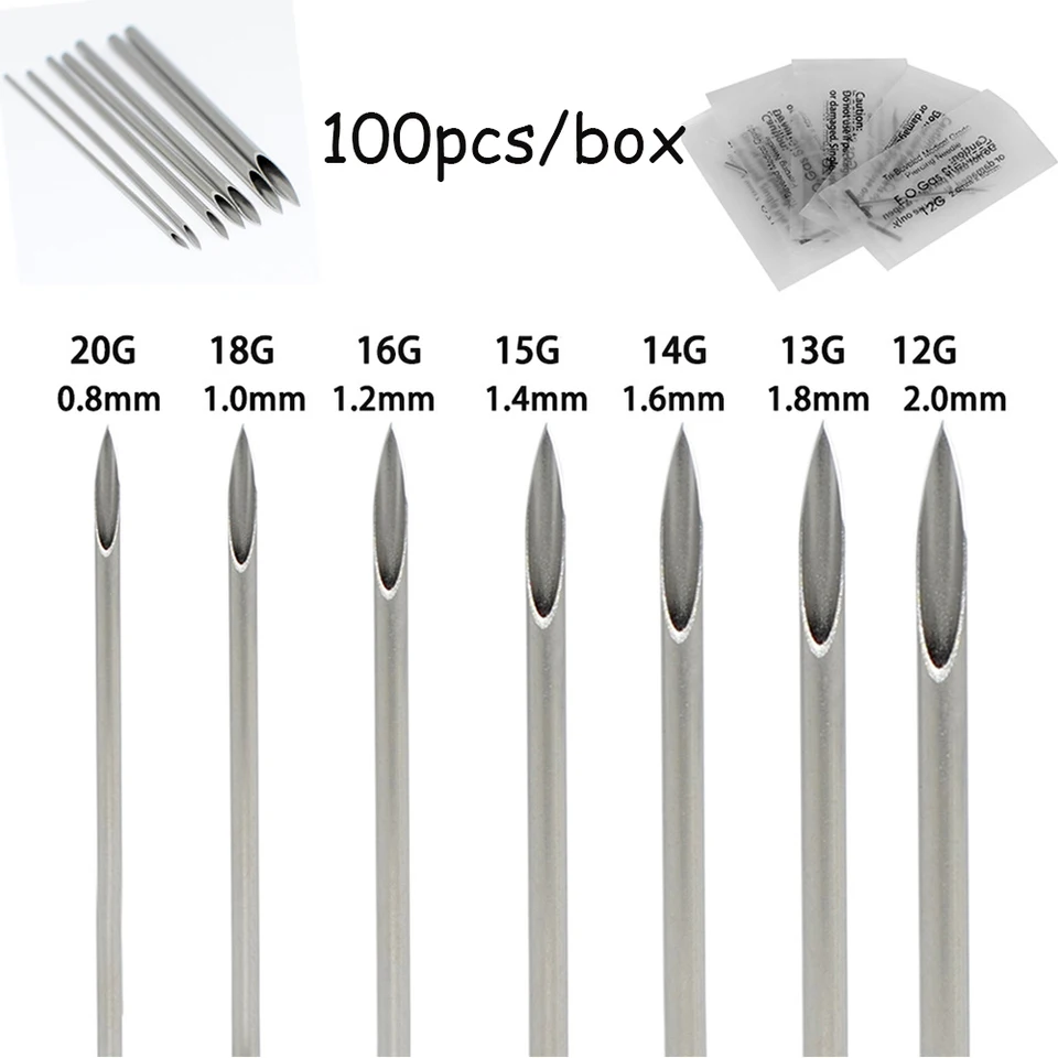 10-1000ks telesná piercing ihla 10g 12g 14g 16g 18g 20g oceľový sterilný jednorazový nos uší pivový piercový nástroj piercing