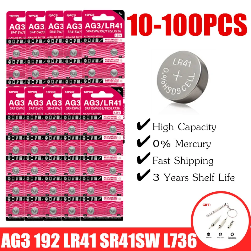 10-100ks AG3 1,55V alkalického gombíka batéria AG3 192 LR41 SR41SW L736 BATČOVANIE COIN CELL BATKÁLNE PRE HODINY HODINY