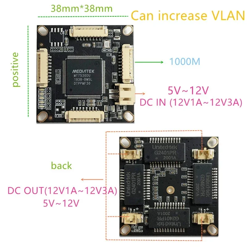 10/11/1 000 m 4 port gigabit ethernet prepínač PCBA pre zabudovaný integrovaný modul DC 5V 12V1A-3A v DC Out VLAN prostredníctvom prúdu
