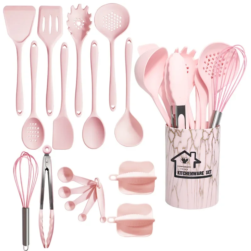 10/18ks Silikónové kuchynské náradie Sady ružové nelepivé náradie pre pečenie kuchynský riad špachtiny Spoon Food Tongs Kitchen s krabicou