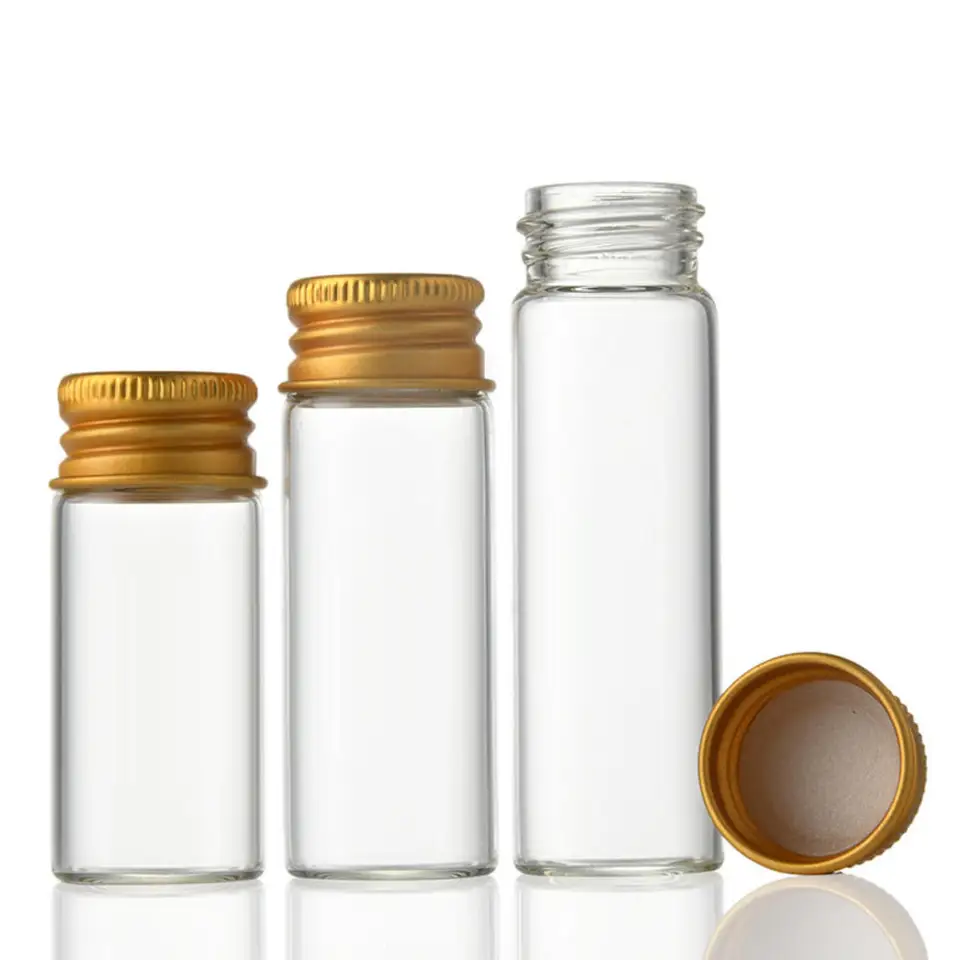 10/20/30/40/50 ml Mini Transparentné sklenené fľaše Hliníkový uzáver Prázdne vzorky Skladovacie fľaštičky kvapaliny