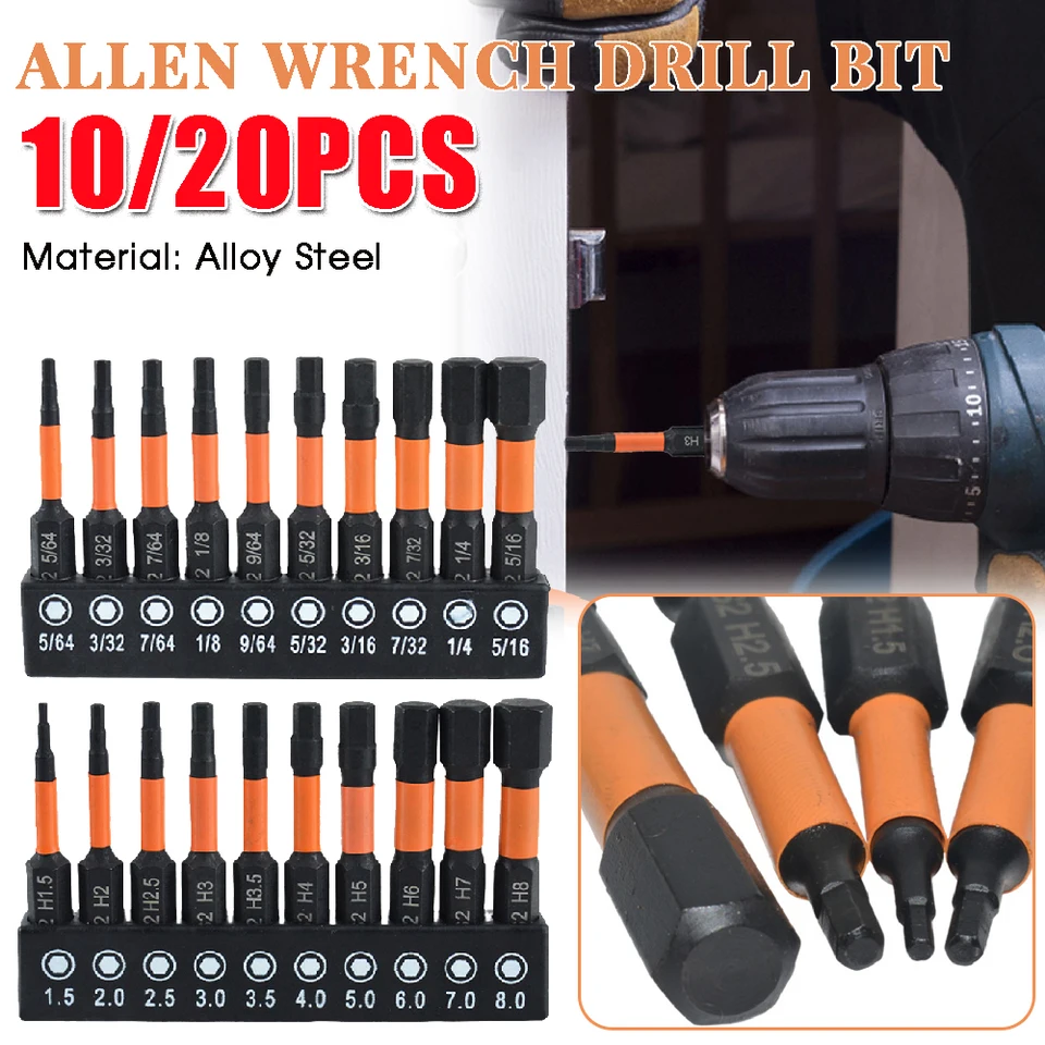 10/20ks náraz hex hex hlava Allen Wrench Bit Bit Set 1,5 mm až 8 mm 5/64 