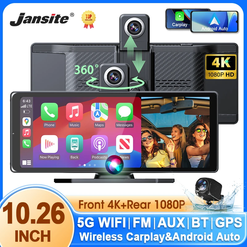 10,26 palca 4K CAR DVR 360 ° rotácia Dash Cam Wireless CarPlay & Android Auto Stereo aux FM Bluetooth WiFi Intelligent Screen Screen