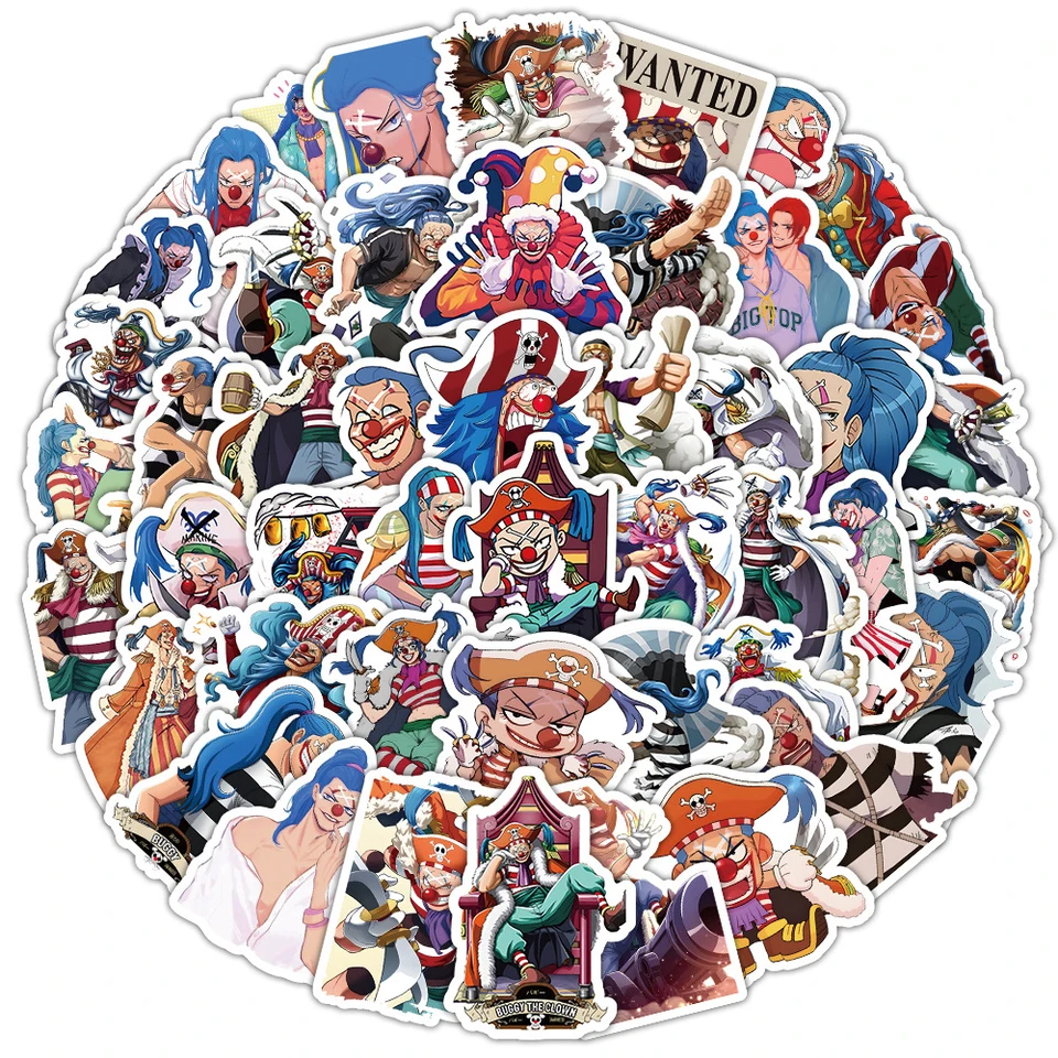 10/30/50ks anime One Piece Clown Buggy Stickers Cool Graffiti Kids Sticker Hray Puzdro