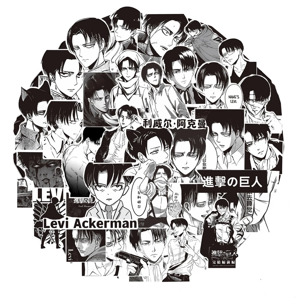 10/30/65ks Anime Attack na Titan Levi Ackerman Stumpers Cool čierna biela graffiti nálepka Telefón Skateboard Diary Cartoon Decals