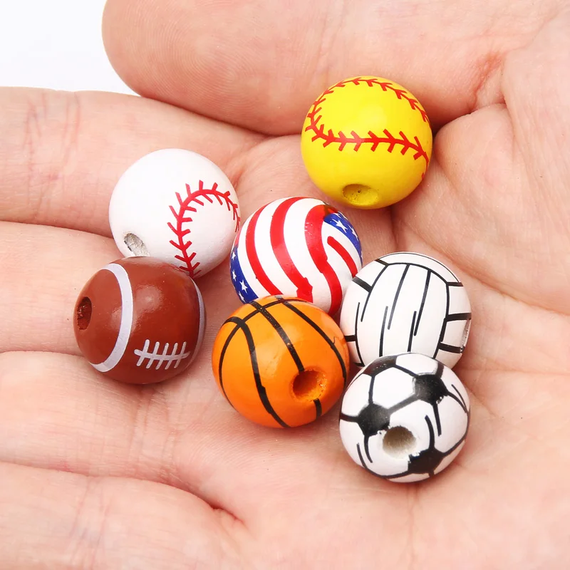 10-30ks 16 mm Športové prírodné drevené korálky basketbalové futbalové tenisové korálky na výrobu náramkových náhrdelníkov DIY šperky